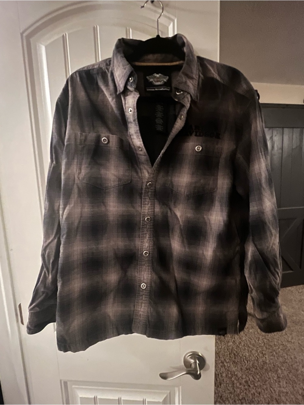 Harley-Davidson Black and Gray Plaid Quilted Shacket, size Med